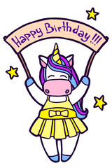 Jpeg illustration. Hand drawing cartoon unicorn in a yellow ballet tutu. Unicorn happy birthday. Isolated on white. Cute character. The original print.