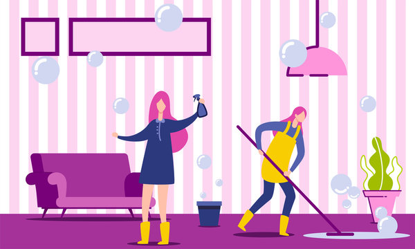 Two Characters Doing Housework. Woman Housekeeper Cleaning Floor in House. Housewife or Cleaning Company Worker Washing Living Room. Cartoon Flat Vector Illustration. Cleaning Service Concept.