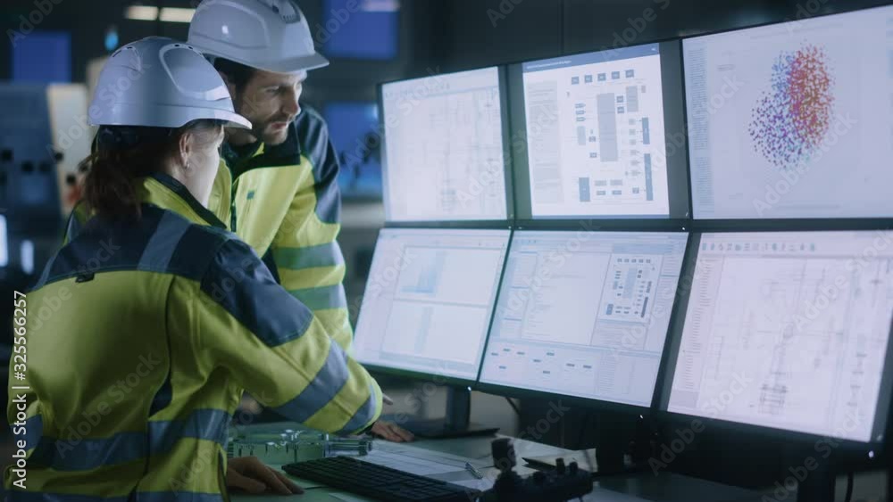 Aufkleber Industry 4.0 Modern Factory: Project Engineer Talks to Female Operator who Controls Facility Production Line, Uses Computer with Screens Showing AI, Machine Learning Enhanced Assembly Process