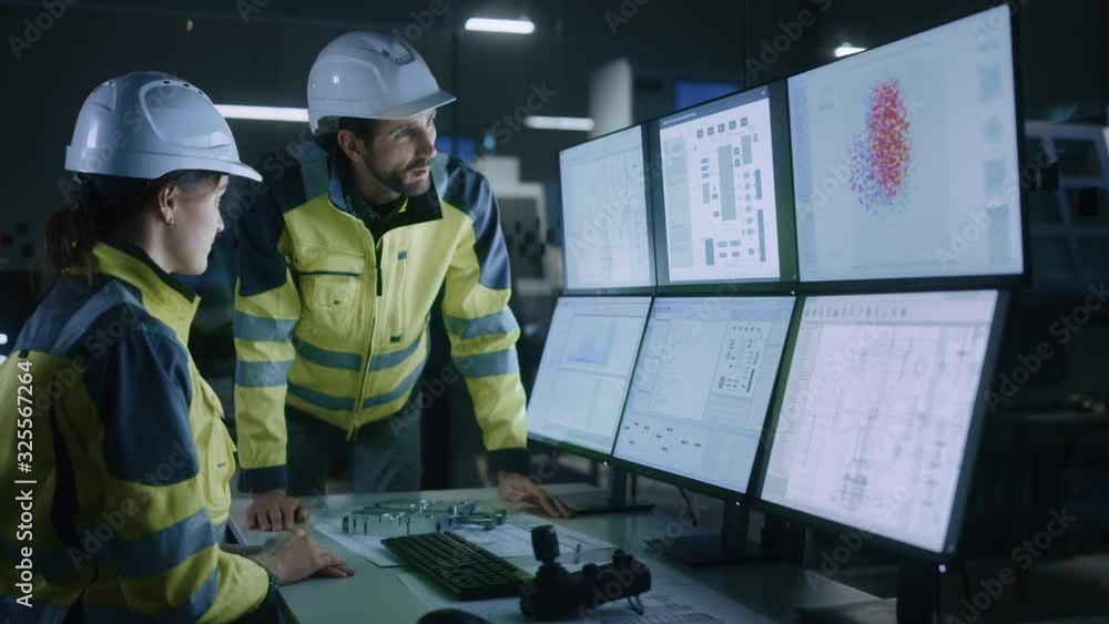 Poster Industry 4.0 Modern Factory: Project Engineer Talks to Female Operator who Controls Facility Production Line, Uses Computer with Screens Showing AI, Machine Learning Enhanced Assembly Process