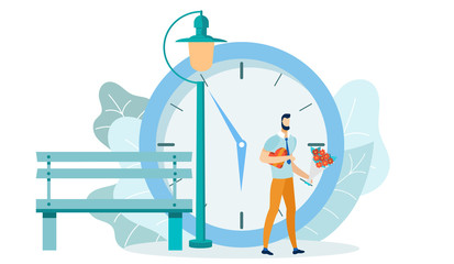 Man Waiting for Girlfriend with Clock on Background Flat Cartoon Vector Illustration. Male Character with Sweets and Flower Bouquet. Love Relationship, Romantic Dating. Guy Standing near Bench. © Mykola
