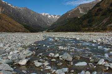 Riverbed of Bush Stream in Mount Cook National Park on South Island of New Zealand