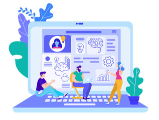 Selection Participants for Brainstorming Session. Benefits Brainstorming are Based on Ideas Professionals. Men are Sitting on Laptop Keyboard. Girl Speaks on Smartphone. Vector Illustration.