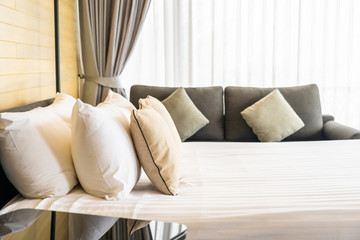 White comfortable pillow on bed decoration interior of bed room