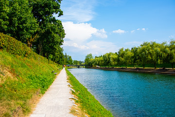 Walking area around the river Ljubljanica in Ljubljana the capital city of Slovenia