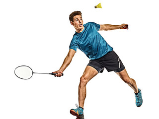 Badminton player young man isolated white background