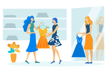Ladies Try on Dresses Flat Vector Illustration. Young Girlfriends in Dressing Room Cartoon Characters. Girls go Shopping, Wardrobe Update. Shoppers in Fashionable Boutique, Women Apparel Store