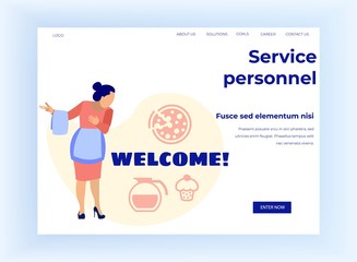 Welcome Inscription and Waitress Character Invites Visitors to Taste Cuisine Products and Dishes. Catering Personnel, Staff Recruitment for Banquet and Restaurant Service. Flat Vector Illustration.