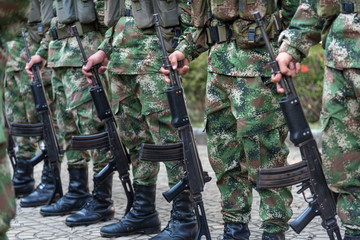 Colombian Army soldier in formation with camouflage uniform. Colombia.