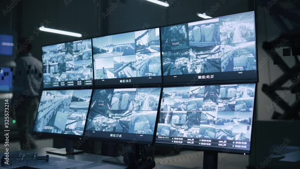 Poster Industry 4.0 Modern Factory: Security Control Room with Multipoke Computer Screens Showing Surveillance Camera Footage Feed. High-Tech Security