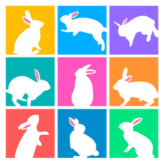 Set of white bunny silhouettes on colorful squares. Easter day design concept. Illustration for greeting card, banner or poster.