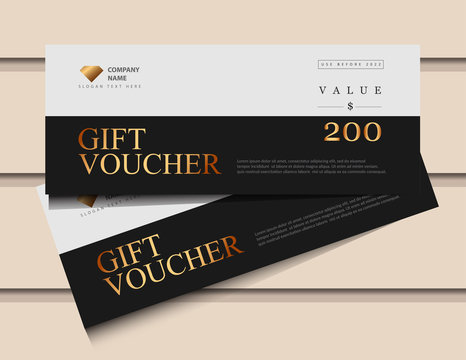 Gift voucher template with glitter gold luxury elements. Vector illustration. Design for invitation, certificate, gift coupon, ticket, voucher.