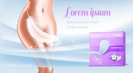 Advertising Text Banner with Daily Pads in Violet Pack and Female Silhouette. Woman Hips Covered Feather and Belly. Super Soft Cotton Hygienic Feminine Product for Regular Use. Vector 3d Illustration © Mykola