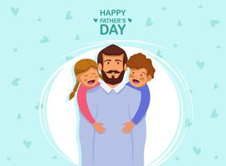 Greeting card Happy Father's Day. Vector illustration of a flat design - stock vector. Happy father's day template design. Cartoon photo of father, red-haired son and daughter hugging together