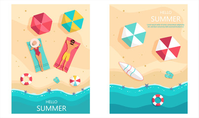 Set of summer gift vouchers. Unusual design of coupon usable for invitation, gift card and certificate. Vector illustration with sea shore and palm trees.