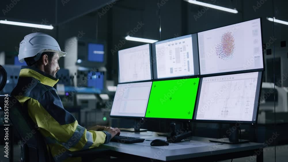 Aufkleber Industry 4.0 Modern Factory: Handsome Male Operator Controls Facility, Uses Computer with Multiple Screens Including: Green Screen / Chroma Key, AI Concept, Machine Learning UI