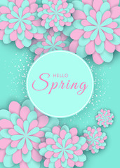 Beautiful Spring Background. Gerbera Flower Background and Spring is coming Lettering. Spring floral banner with paper cut blooming pink cherry flowers on blue background for seasonal design. Vector