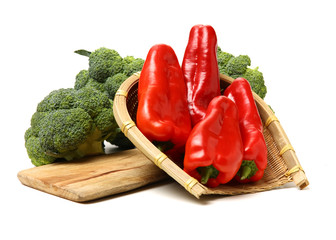 broccoli, red chili pepper on white background