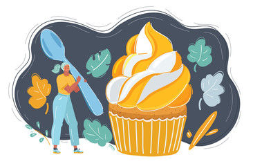 Woman admiring a fancy dessert cupcake and going to eat it.