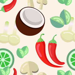 Thai authentic soup (Tom Kha, Tom Yum) seamless vector pattern. Food illustration in flat style. Background texture for wrapping paper, food hall, package. Coconut, vegetables & herbs in light colors.