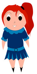 Cartoon cute little girl with a ponytail in blue clothes. Vector illustration in flat style