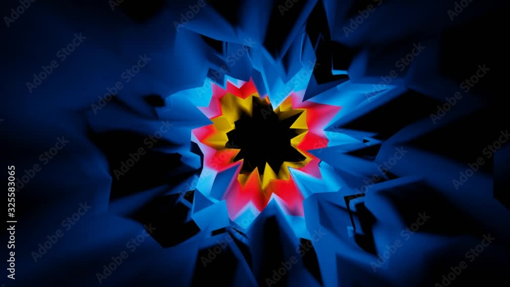 Poster abstract 3d violet yellow green blur light zoom in dark polygon curve hole animation video backgroun