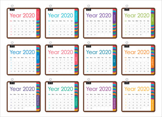 Year 2020 monthly calendar vector illustration