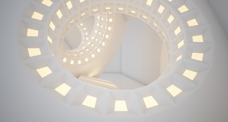 Abstract architectural background, white interior with discs.Neon lighting. 3D illustration and rendering.