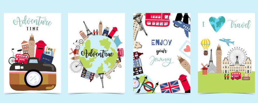 Travel to world background set in europe,america.Editable vector illustration for website, invitation,postcard and sticker.include wording enjoy your journey, adventure time