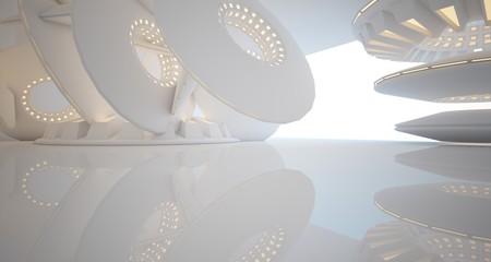 Abstract architectural background, white interior with discs.Neon lighting. 3D illustration and rendering.