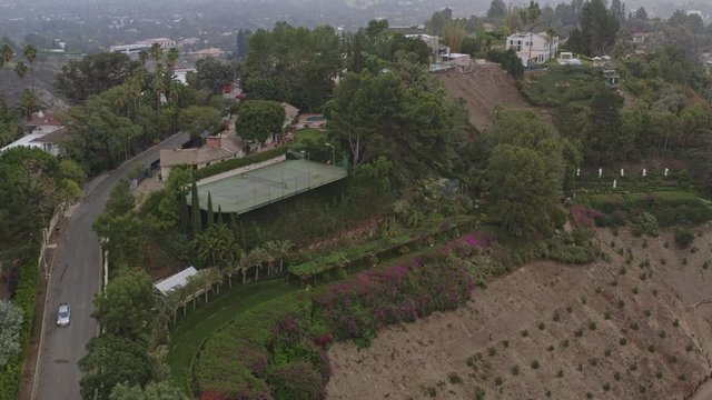 Los Angeles Aerial v273 Flying birdseye low over hillside mansion residential neighborhood - October 2019