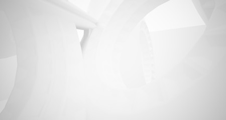 Abstract architectural background, white interior with discs. 3D illustration and rendering.