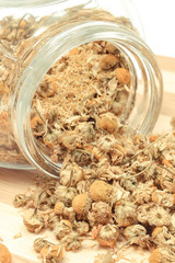 Dried chamomile in glass jar using in alternative medicine