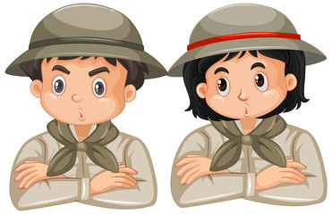 Boy and girl in safari outfit on white background