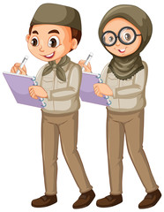 Boy and girl in scout uniform on white background