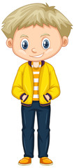 Cute boy in yellow jacket on white background