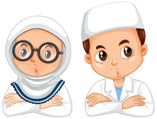 Muslim boy and girl in science gown on white background