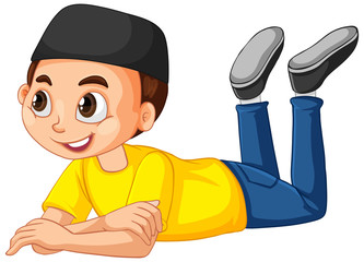 Muslim boy in yellow shirt on isolated background
