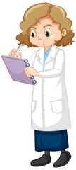 Fototapeta premium Girl in lab gown writing note on white background