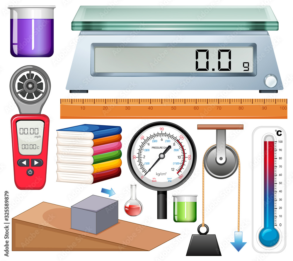 Poster Large set of science equipments on white background