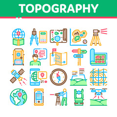 Topography Research Collection Icons Set Vector. Topography Equipment And Device, Compass And Calculator, Satellite And Phone, Drone Concept Linear Pictograms. Color Illustrations