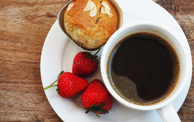 black coffee banana cake and fresh strawberry refeshing the day