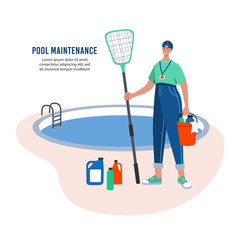 Pool maintenance concept. Pool cleaner with cleaning equipment. Flat vector illustration.