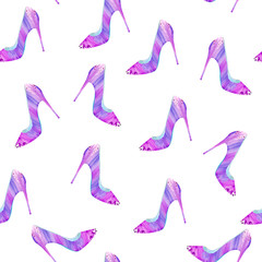 Seamless Cute Pattern with High Heeled Pink Shoes. Watercolor Texture. Simple Surface Design. Modern Style. Fashion Illustration