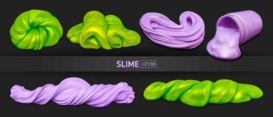 Set of green and purple realistic slimes on a black background. Vector illustration with mesh gradients.