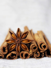 cinnamon and poder on white and macro style spice cooking