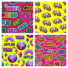 Set of 4 seamless patterns with word patches: "Wow", "Offline", "Fun", "Squad", "Awesome", etc. Quirky cartoon comic style of 80-90s. Colorful backgrounds. Vector wallpapers.