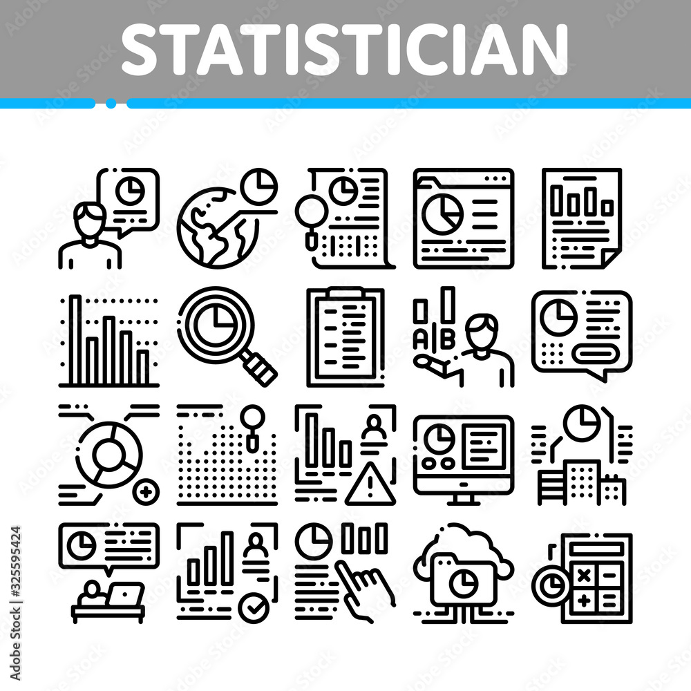 Poster statistician assistant collection icons set vector. statistician research and document file, web sit
