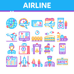 Airline And Airport Collection Icons Set Vector. Airline Worldwide Direction And Ticket, Pilot And Stewardess, Airplane And Calendar Concept Linear Pictograms. Color Illustrations