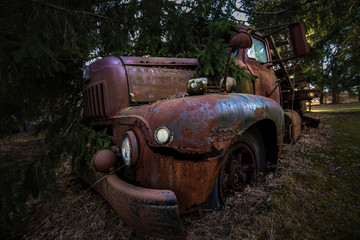 Rusty Truck in Forest - obrazy, fototapety, plakaty